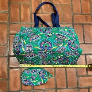 Vera Bradley Emerald Paisley Zip Tote Bag Quilted Traveler Set Navy Handles Set